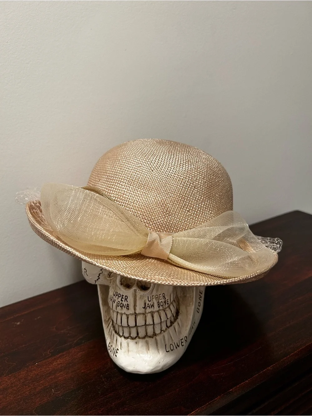 Vintage Style Straw Fascinator Hat with Organza Bow and Veil